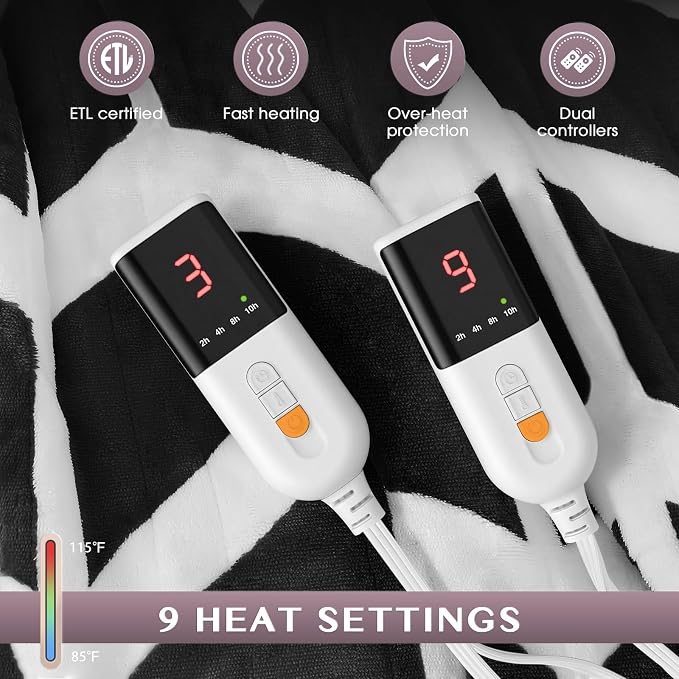 VENTIMI Heated Blanket Queen, 9 Heat Levels & 2-10 Hours Auto Off, Black | ETL & FCC, Dual Controller, 84" × 90", Flannel and Sherpa, Bed Couch Use, Machine Washable, Removable Controller