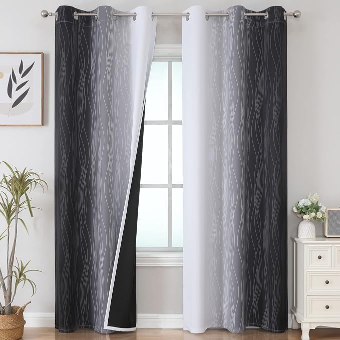 Black and Greyish White Ombre Blackout Curtains for Bedroom 42x84 Inch Long | Estelar Textiler Light Blocking Living Room Curtains, Room Darkening, Thermal Insulated Energy Saving Grommet Drapes,2 Panels