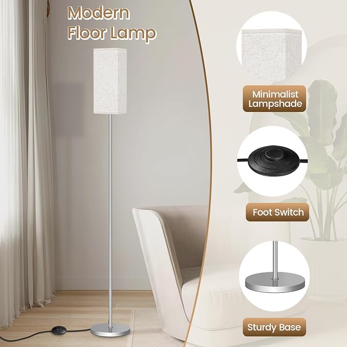 2Pack Floor Lamp, Pole with Foot Switch, Modern Standing Lamp Lamp, Minimalist Freestanding Lamp (Bulb Not Included), for Living Room, Bedroom Office ETL Listed, Silver and Beige SE07LDP205