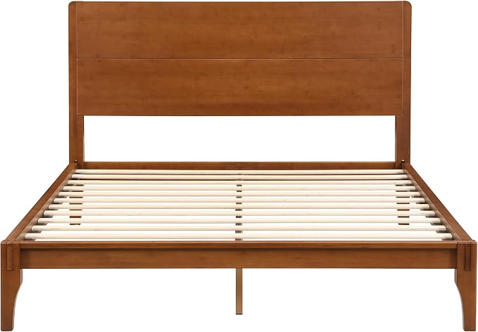 Merax Queen Size Bamboo Platform Bed Frame with Tall Headboard, Brown | Mid-Century Modern Solid Bedframe Queen-Size, Wood Slat Support, No Box Spring Needed, Easy Assembly, Noise Free