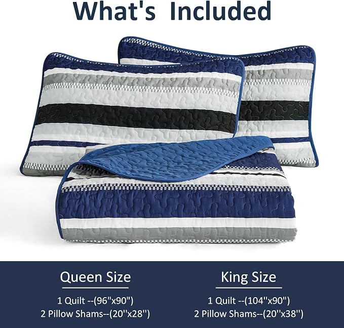 WONGS BEDDING Full Striped Quilt Set, Navy Blue Lightweight Bedspread | Lightweight Microfiber Coverlet, Breathable All-Season, Machine Washable, 3-Piece Set 90"x78", Great for Men Boys Dorm Room