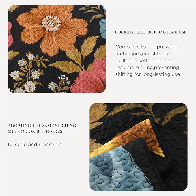 Quilt King Size, Colorful Floral Boho Summer Bedspread 3 Pieces | Golden Flower Botanical Summer Bedspreads with 2 Shams, Reversible Polyester Coverlet Set for All Seasons, 106"x96"