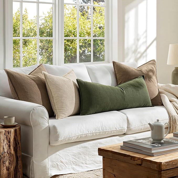 MIULEE Decorative Linen Lumbar Pillow Cover 14x36 Inch Dark Olive Green | Boho Farmhouse Neutral Couch Long Throw Pillow for Bed, Pack of 1 Accent Modern Pillowcase, Sofa Livingroom Home Decor