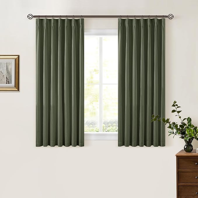 Olive Green Pleated Black Out Linen 45 Inch Curtains with Liner 2 Panels | 100% Blackout, Memory Trained Pinch Pleat, Thermal Insulated, Noise Reduce, Short Curtains 2 Layers for Kitchen Small Window