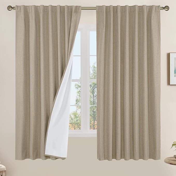 100% Blackout Linen Curtains 63 Inches Long with White Liner 2 Panels | Taupe, Curtains for Bedroom, Living Room, Full Room Darkening, Privacy Protected, Rod Pocket Back Tab Panels, 60 x 63 Inch