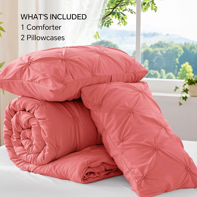 BEDELITE Queen Comforter Set Coral,Lightweight & Soft Comforter | Pintuck Boho Bedding, Warm & Cute Bed Set for All Season,With 2 Pillowcases