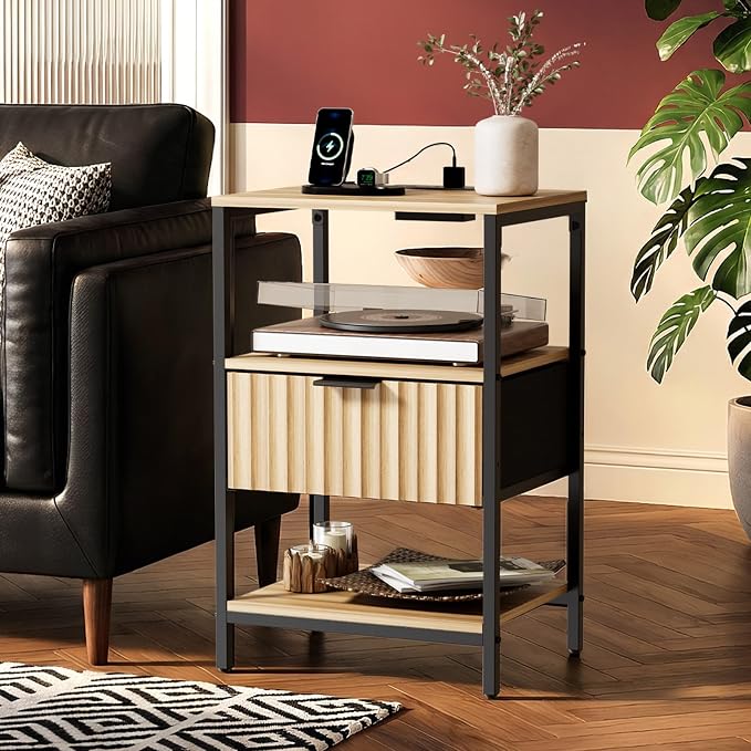 VINGLI Nightstands Set of 2 with Fabric Drawer, Fluted Nightstand with Charging Station, Oak Night Stand Set 2 Bed Side Tables, End Tales Bedroom with Charger Station, 14.96"W*11.81"D*23.7"H, 2 pcs