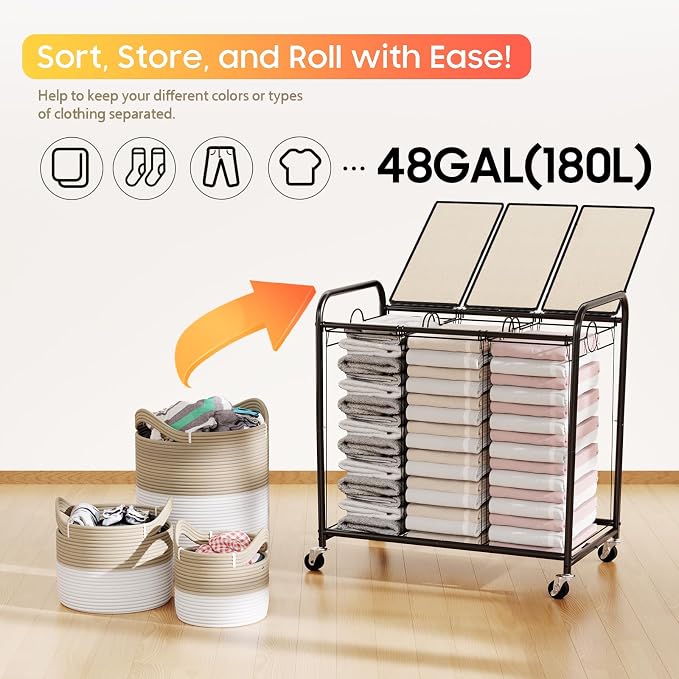 180L Laundry Sorter 3 Section, Rolling Laundry Basket with Wheels and Lid | 47.55 Gal Laundry Hamper, 3 Separated Removable Bags, Lockable Wheels, Dirty Clothes Hamper for Laundry Room Organizer, White