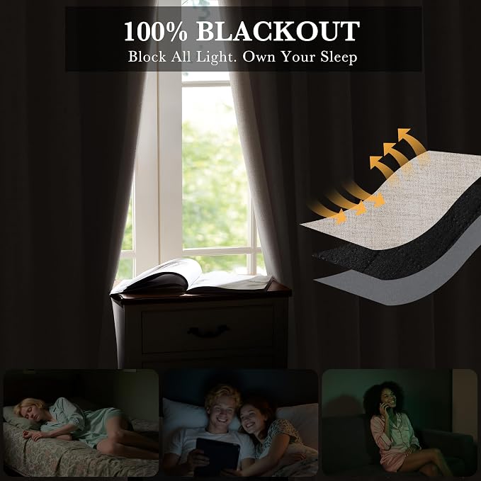 RYB HOME Natural Beige 100% Blackout Short Curtains 45 Inch Long | Thermal Insulated, Light Blocking, for Kitchen Small Window Bathroom Basement Garage, Small Window, W52 x L45, 2 Panels