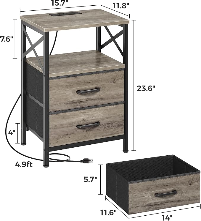 Huuger Nightstand Set of 2 with Charging Station, USB-C Port, End Tables | Night Stand with 2 Drawer Side Table with Open Shelf, Bedside Table for Small Spaces, X Shaped Side Rail, Oak