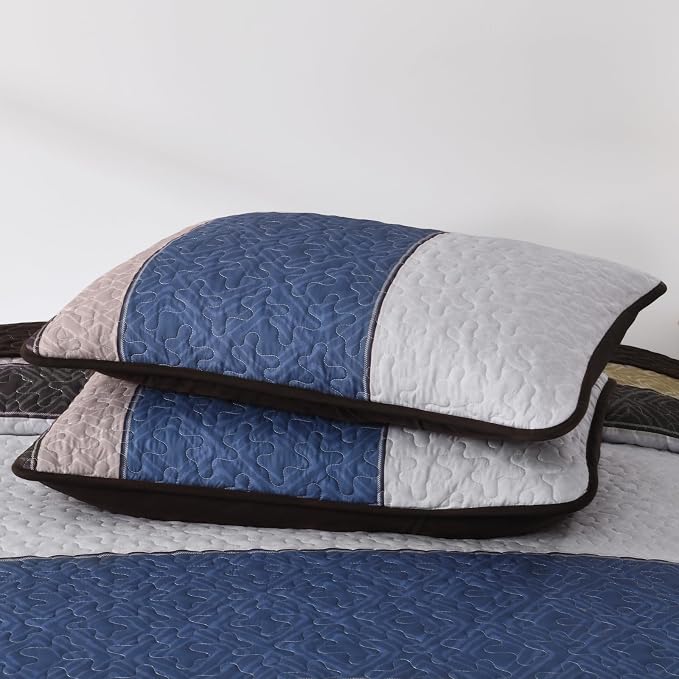 Cottolester Quilts Queen Size,Brown Blue Striped Bedspread Coverlet Set | Modern Striped plaid Pattern Design,Ultra Soft Lightweight Microfiber Quilted Bedding Sets for All Seasons 110"x90"