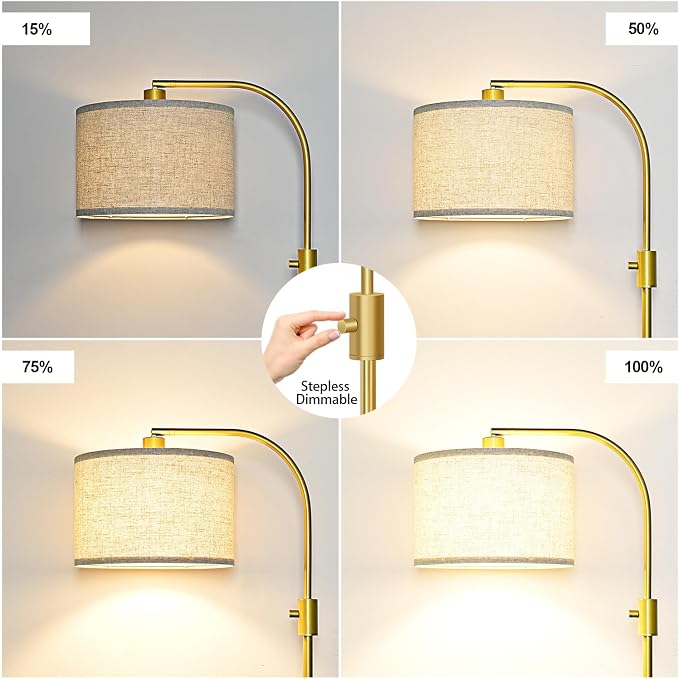 Nintiue Upgraded Modern Arc Dimmable Tall Standing Floor Lamp with Linen Shade, 1200 Lumens LED Bulb Included, for Living & Reading Room, Bedroom, Office & Nursery, Gold