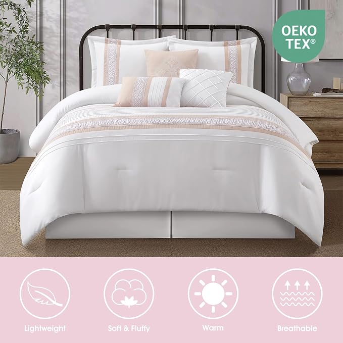 7 Piece Comforter Set, Pink White, King Size, Boho Style Geometric Microfiber Embroidery, Bed in a Bag with Bedskirt, Pillow Shams and Decor Pillows