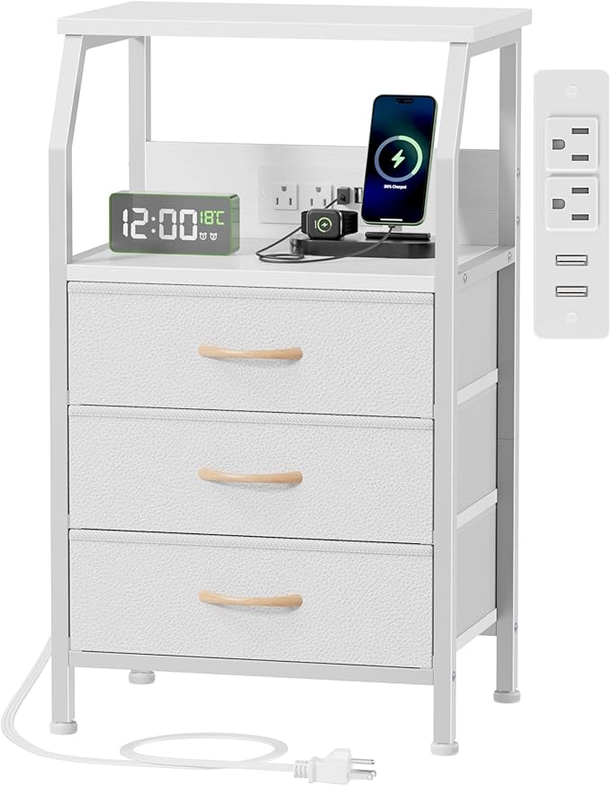 Furnulem White Nightstand with Charging Station, 3 Drawers Bedside Table | 28.3 Inch Tall Dorm Night Stand with Fabric Drawers, Storage End Table with Outlets, Small Dresser for Bedroom, 3 Ways to Use
