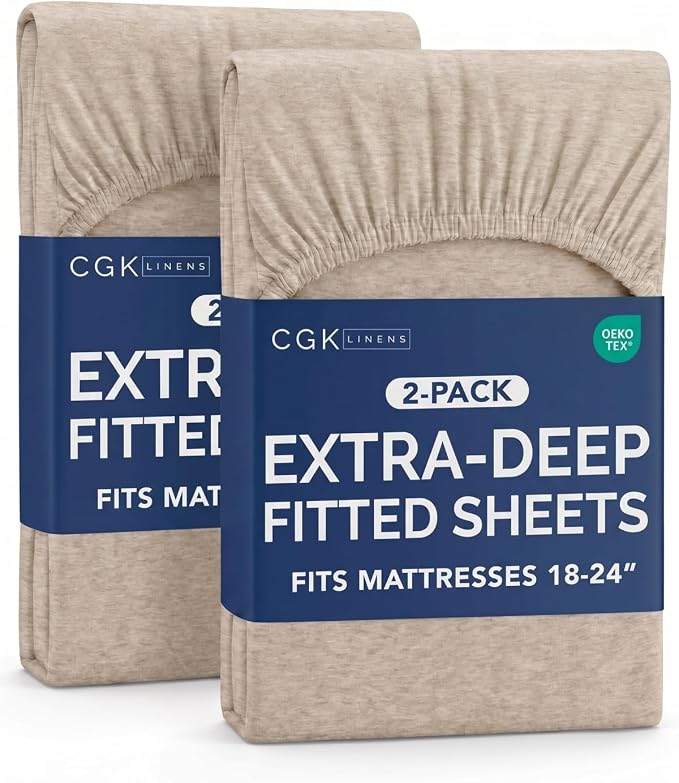 2 Pack Extra Deep Twin XL Fitted Sheets with Deep Pockets - Heathered Beige | Hotel Luxury Bottom Fitted Sheets Only, Soft, Fade & Wrinkle Free, Breathable & Comfy, All Around Elastic Fitted Sheets
