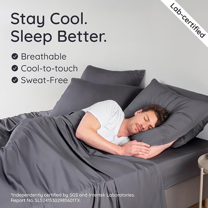 Bambaw 100% Viscose Derived from Bamboo Queen Size Fitted Sheet, Cooling, Deep Pocket, Corner Straps, Charcoal