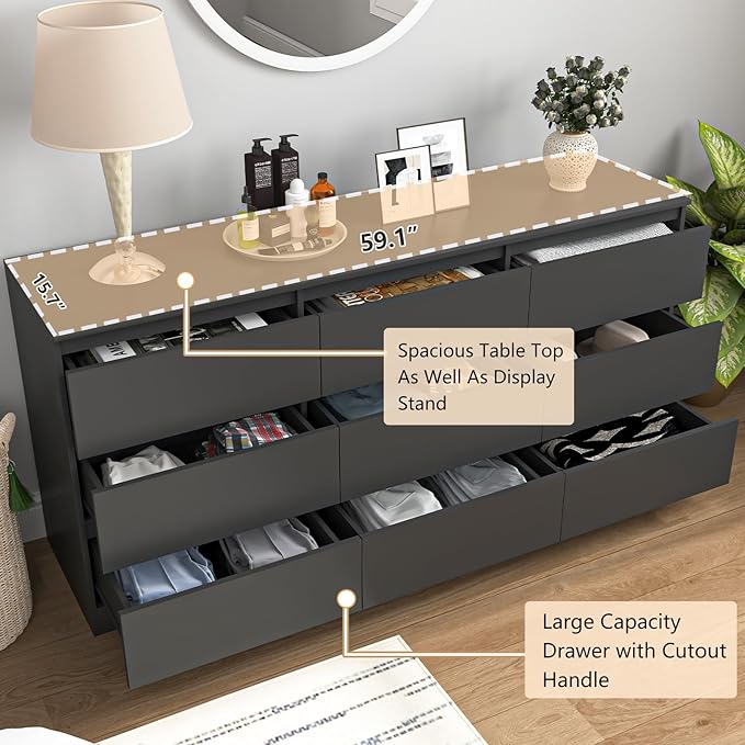 Vibe & Dine Black Dresser 9 Drawer, Modern Long Dresser for Bedroom, Wood Chest of Drawers with Wide Storage for Living Room