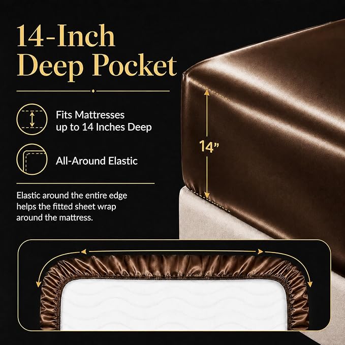 CozyLux Satin Sheets Full, 6-Piece 14-Inch Deep Pocket Sheet Set | OEKO-TEX Certified Silky Soft Sheet Set for Hair & Skin, Luxurious Silky-Smooth Satin for Elegant Bedroom Decor, Brown
