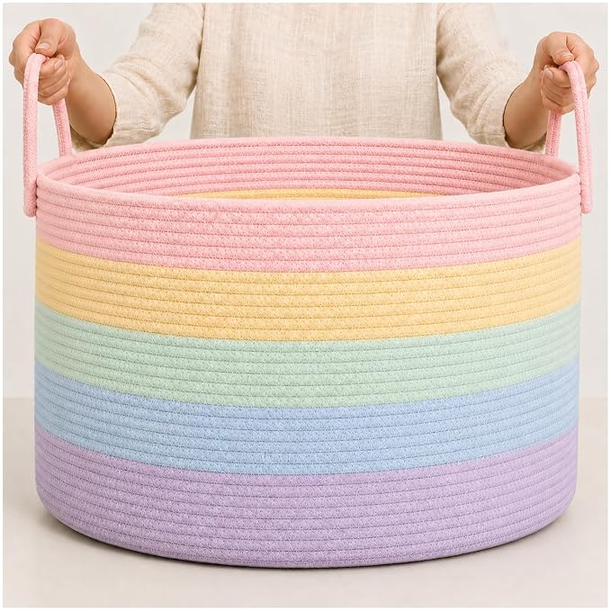 OrganiHaus Rainbow Toy Basket & Blanket Storage Bin, Nursery 20x13" | Rainbow Pastel - Round Rainbow Cotton Rope Basket, Nursery 20x13"