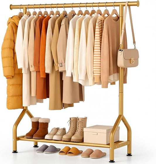 Sturdy Clothing Racks with Shelf, Metal Clothes Rack with Leveling Feet for Hanging Clothes, Freestanding Garment Coat Rack for Bedroom, Apartment & Small Spaces, Gold