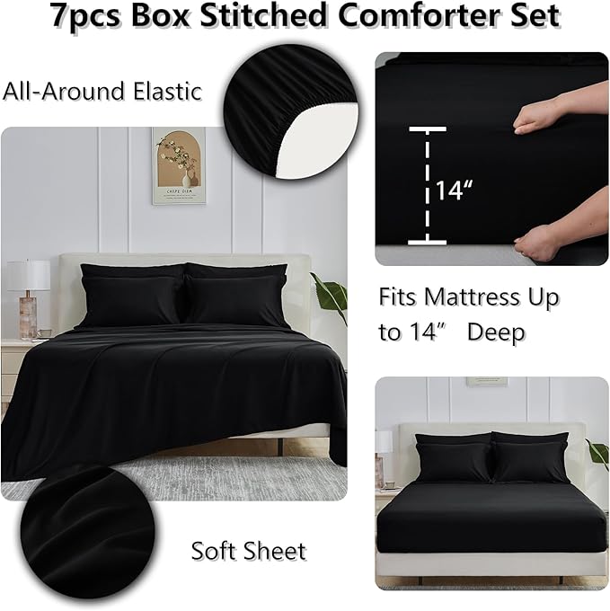 Queen Comforter Set, 7-Piece Bed in a Bag, Black | OEKO-TEX Certified, Box-Stitched Design, 240 GSM Down Alternative Fill, All-Season Comfort, Sheets, Pillowcases & Shams