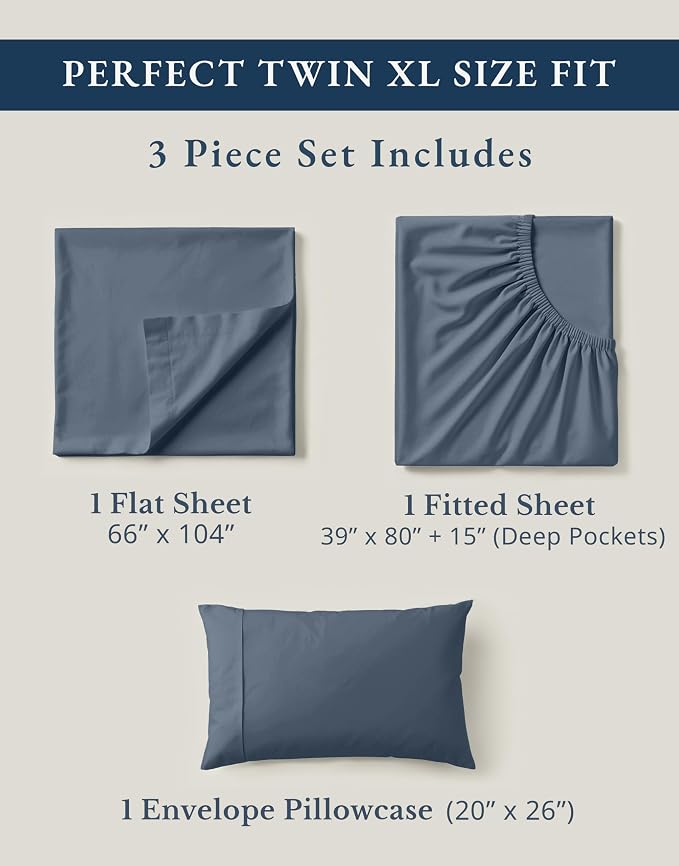 LANE LINEN Twin XL Sheets 100% Organic Cotton Cooling Soft - Estate Blue | Pure Long-Staple Organic Cotton Twin XL Sheet Set - Easy-Care Machine Washable, Breathable For Year-Round Sleep