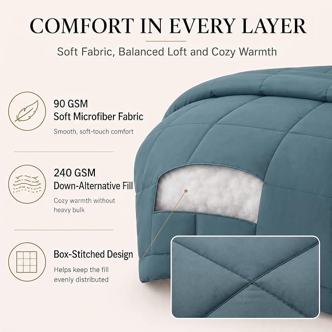 Oversized Queen Comforter Set Mineral Blue - 7 Pieces Bed in a Bag | OEKO-TEX Certified, All-Season, Bedroom, Guest Room, Down-Alternative Comforter + Flat & Fitted Sheets + 4 Pillowcases