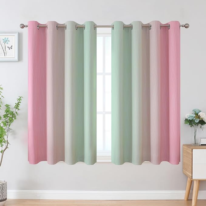 Sage Green and Pink Ombre Blackout Curtains for Bedroom | Room Darkening Curtains 54 Inch Long for Living Room,Thermal Insulated,Light Blocking Grommet Window Drapes,52Wx54L,2 Panels
