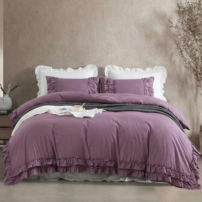 Bedorm Queen Duvet Cover Set Purple Ruffle Bedding Set Pleat Ruffled Shabby Chic Comforter Cover Extra Soft & Easy Care Farmhouse Boho Duvet Cover with Zipper Closure