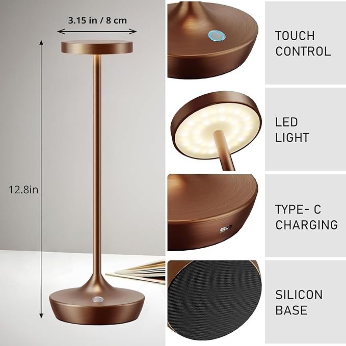 Brown Cordless Table Lamps, Rechargeable 6000mAh, 72H Runtime, Waterproof | Stepless Touch Dimming with 3 Color Modes & Memory Function for the Perfect Ambiance at Home, Restaurants & Patios (2 Brown)