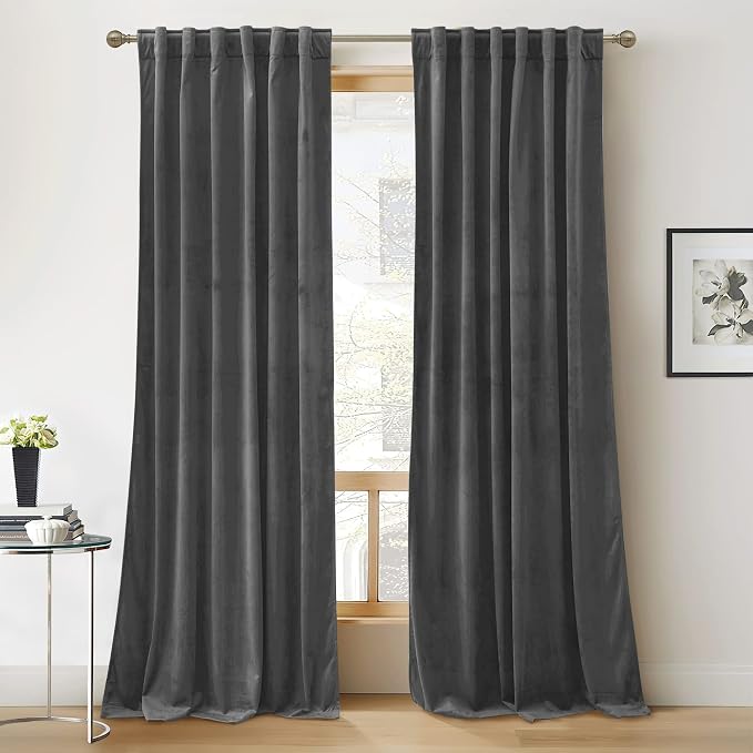 RYB HOME Velvet Curtains 108 inches Long, Extra Long High Ceiling Curtains | Thermal Insulated, Luxurious Home Decor, Curtains for Apartment Loft Large Windows, W52 x L108, Grey, 2 Panels Set