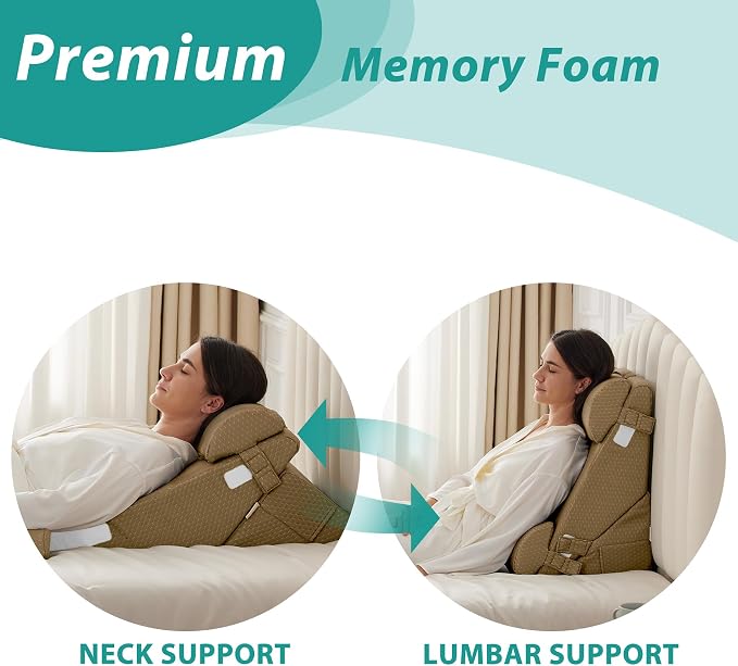 Adjustable 4pcs Bed Wedge Pillow Set, Memory Foam Wedges Pillow Post Surgery for Back, Neck, Leg Pain Relief, Pillows Wedge for Sleeping, Sitting up in Bed, Acid Reflux and GERD, Brown