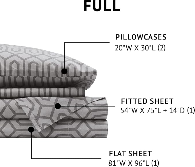 Comfort Spaces 100% Cotton Percale Sheets Full Size 4 Pcs, Diamond Sliver | Crisp, Cool & Breathable Bed Sheets, 14" Deep Pocket Fits Up to 16" Mattress, Lightweight, All Season Cozy, with Pillow Case