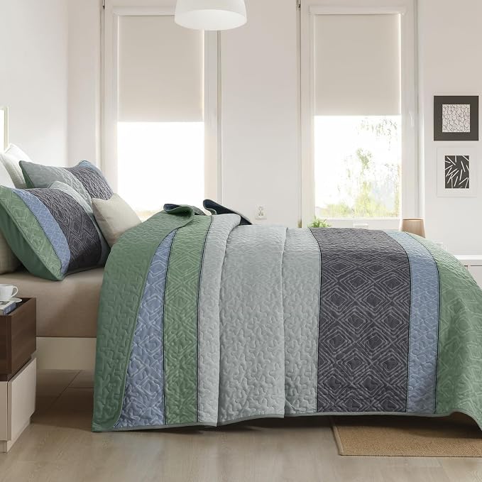 Cottolester Boho Full Quilt Set,Grey Green Striped Plaid Bedspread Coverlet | Lightweight Summer Coverlets Set with 2 PillowShams,All Seasons Microfiber Quilt Bedding Sets for Bedroom Guest Room 78"x90"