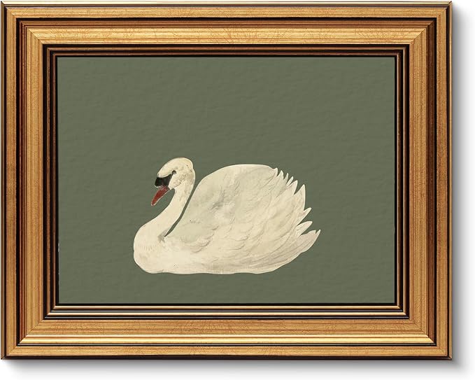 VIYYIEA Vintage Gold Framed Wall Art for Living Room, Swan Canvas Prints Home Decor, Oil Painting Picture, Bedroom Wall Decor Gifts for Friends or Family -【Swan Green】-(10L x 8W)