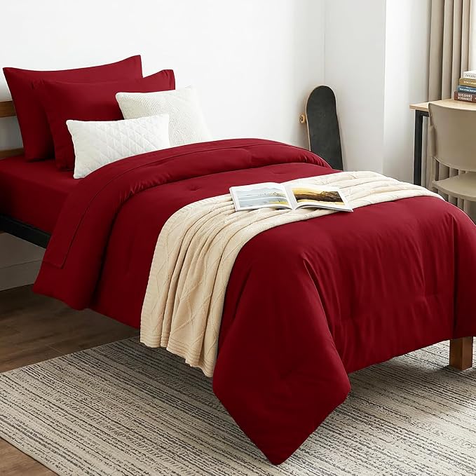Twin XL Comforter Dark Red, 5 Pieces Bed in a Bag | College Dorm Essentials, OEKO-TEX Certified, 240GSM Down Alternative Comforter, Flat & Fitted Sheets, Pillowcase & Sham