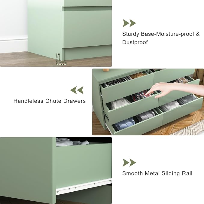Vibe & Dine 6 Drawer Double Dresser, Modern Chest of Drawers with Wide Storage for Closet, Bedroom, Living Room (Light Green)