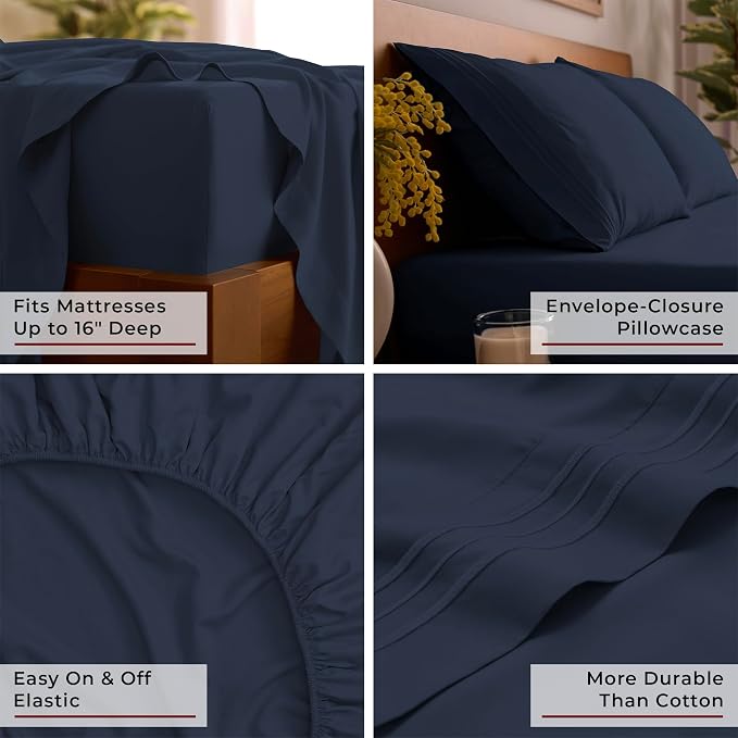 Mellanni Iconic 3-Piece, Ultra Soft Sheet Set (Twin, Navy Blue) | 10M+ Sleepers. Lab-tested: Sleeps Cool, Stays Bright, Strong, Smooth. Good Housekeeping Best Bedding, 7 yrs running.