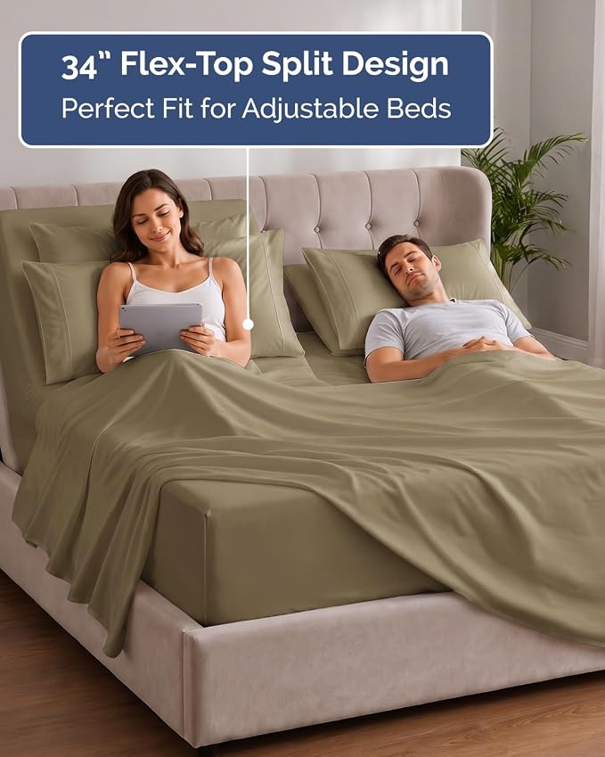CGK Unlimited Extra Deep Flex Top Split Head King Sheet Set - 6 Piece Breathable and Cooling Sheets - Hotel Luxury Bedding for Women, Men, Kids & Teens - Easy Secure Fit - Extra Deep Pockets - Khaki