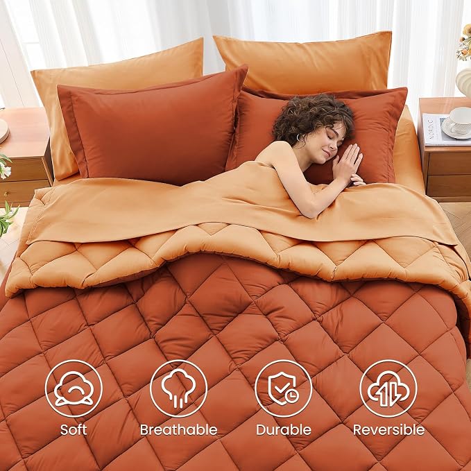 7 Pieces Oversized Queen Comforter Set, Reversible Bed in a Bag Oversized Queen Size, All Season Bedding Set with Comforter, Flat Sheet, Fitted Sheet, Pillowcases & Shams, Burnt Orange & Camel