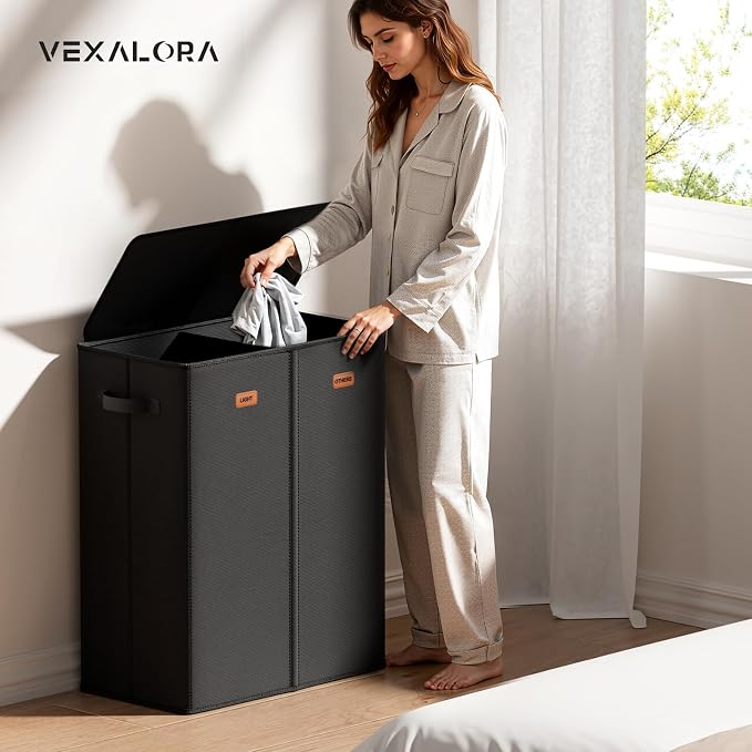 150L Double Laundry Hamper With Lid, Large Clothes Hampers with Removable Bag, Laundry Hamper 2 Section for Bathroom, Bedroom, Laundry Room, Dorm, Black