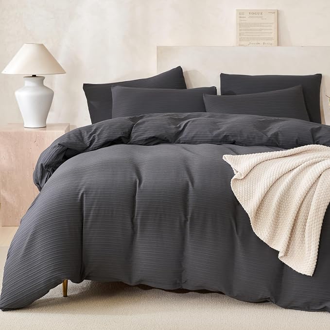 Comforter Set King Dark Grey Soft Luxury Washed Microfiber Jacquard 3 Pieces Bedding, Grey Vertical Ticking Stripes Comforter with 2 Pillowcases Breathable Durable Comfy