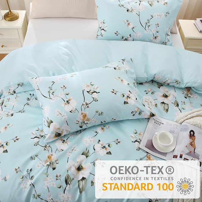 MUXHOMO Duvet Cover Queen Size, Reversible Floral Vintage Duvet Cover Set with Zipper Closure, 3 Pieces Botanical Patterns Soft Microfiber Bedding Set (90"x90", 2 Pillow Cases, Ceiba Blue)
