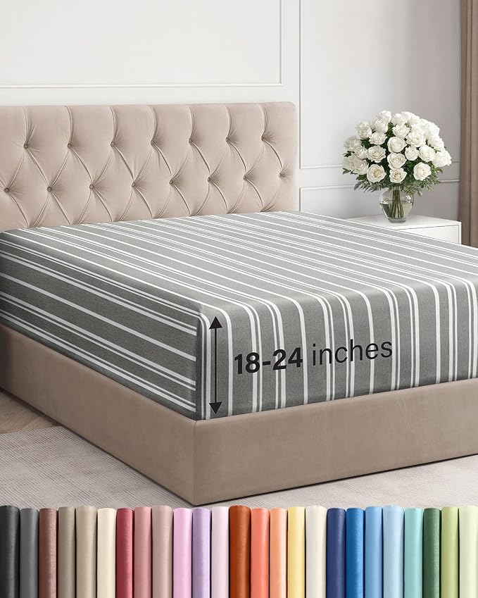Extra Deep Queen Fitted Sheet - Single Fitted Sheet Only - Grey Stripes | Easily Fits 18 inch to 24 inch Mattress, Soft, Wrinkle Free, Breathable & Comfy, Extra Deep Pockets Hotel Luxury Fitted Sheet