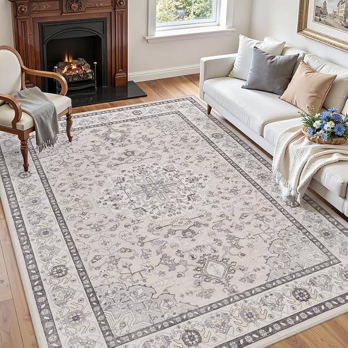 6x9 Area Rugs Living Room: Bedroom Washable Carpet Beige & Grey | Large Vintage Boho Indoor Decor Neutral Soft Nursery Farmhouse Dining Room Office Floor Non-Slip Low Pile Under Table Rug