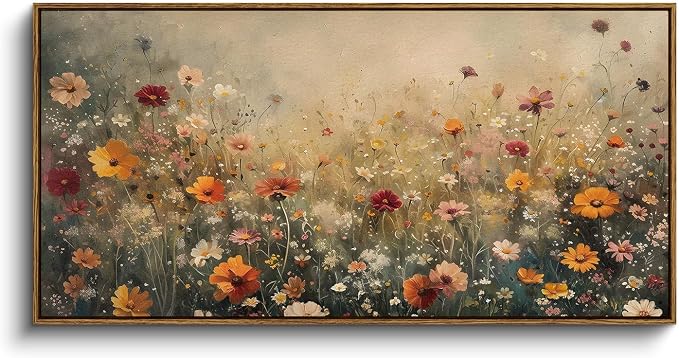 InSimSea Extra Large Framed Vintage Wall Art, Flower Wildflower, 20x40inch | Living Room Country Farmhouse Decor, Spring Landscape Canvas Prints, Retro Long Pictures for Bedroom Above of Bed