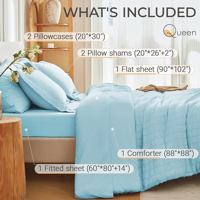 7 Pieces Queen Comforter Set, Seersucker Bed in a Bag Queen Size, All Season Luxury Bedding Set with Comforter, Flat Sheet, Fitted Sheet, Pillowcases & Shams, Lake Blue