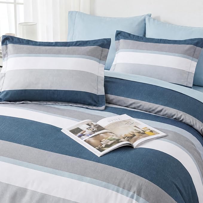Monbix Queen Comforter Set-7 Pieces Striped Bed in a Bag Queen Bedding Sets | All Season Sailor Blue Reversible Soft Comforter Bed Set with Sheets, Pillowcases & Shams