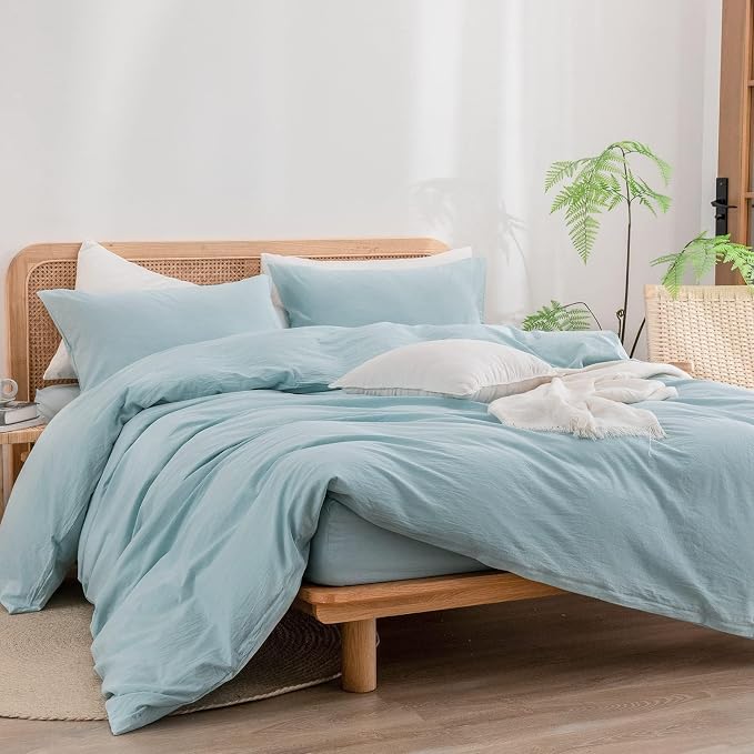 BESTOUCH Cotton Solid Duvet Cover Set Linen Feel Hushed Green Alaska King | 100% Washed Cotton, Soft Wrinkle Texture, Hidden Zipper, 8 Ties, Breathable Lightweight Durable Comfy, 3 Pcs No Insert