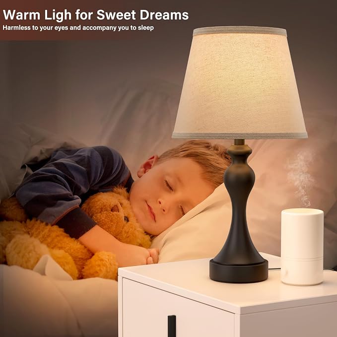 Touch Lamps for Nightstand, 3 Way Dimmable Bedside Lamps with USB C+A Ports | Touch Control, LED Bulb Included, Small Black Table Lamp for Bedroom, Night Stands, End Table, Gift，Corded
